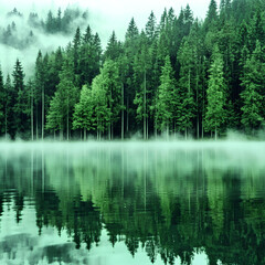 Quiet mountain lake surrounded by pine trees, fog drifting over water, soft blue and green color palette.