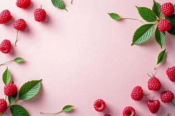 Raspberry-Pink Background: Top View of Fresh Berries and Leaves