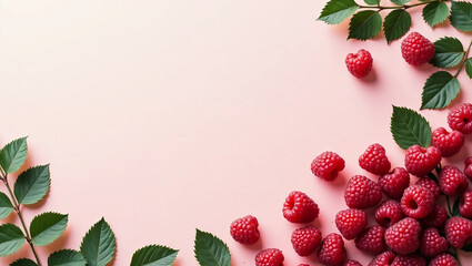 Vibrant Raspberries and Green Leaves on Pastel Pink - High-Quality Image