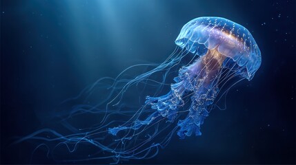 Obraz premium A mesmerizing jellyfish gracefully dances in the deep blue sea, its ethereal glow illuminating the dark depths of the ocean