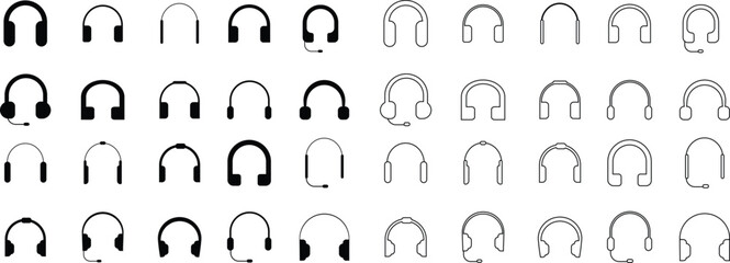 Headphone headset earphone icon set collection group in black flat and line style, audio music listening device symbol bundle, call center customer support mic pack, modern minimal outline design
