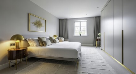 Elegant Contemporary Bedroom Interior with King-Size Bed, Grey Walls, White Bedding, Gold Accents, Window, and Built-in Wardrobe