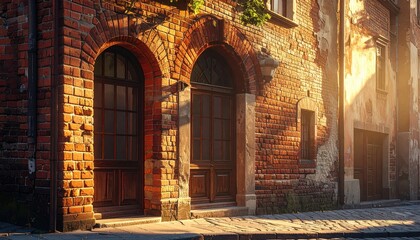 Old Brick Building Facade with Arched Windows and Door in Warm Sunlight
