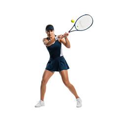 Woman tennis player hitting ball with racket on black background female athlete isolated on a transparent background