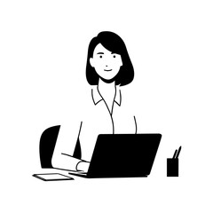 Black and white line art of a beautiful successful career woman working at desk with laptop illustration
