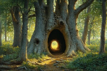 Large ancient tree with a hollow tunnel through its base surrounded by forest under soft sunlight creating a mystical and inviting atmosphere