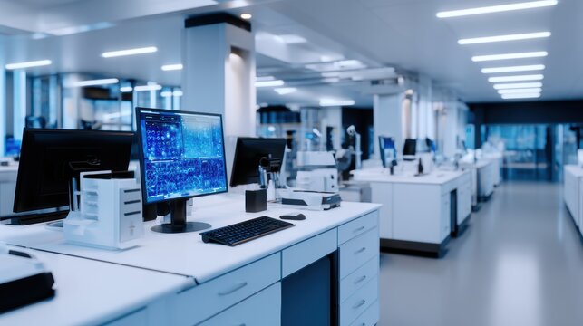 Modern laboratory interior featuring advanced technology and workstations with scientific equipment - Powered by Adobe