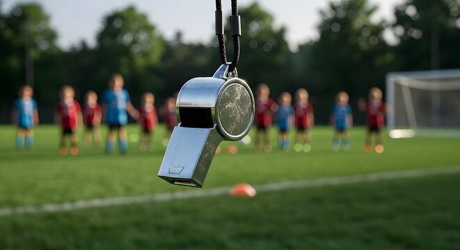 Coach's whistle in focus with blurred youth soccer team on a green field, symbolizing sports training and childhood activity.
