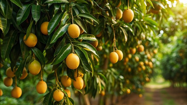 A lush lucuma orchard tree full of ripe golden lucuma fruits hanging among green leaves, bathed in warm daylight, symbolizing natural harvest and tropical abundance