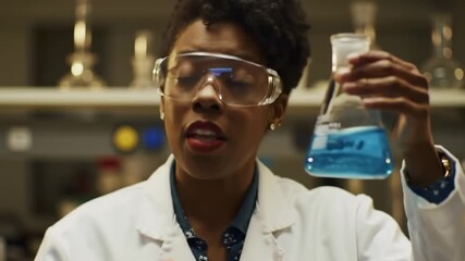 Focused female chemist analyzing a blue chemical solution in an Erlenmeyer flask inside a modern research laboratory - Powered by Adobe