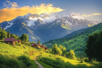 Sunlit mountainous landscape with snow-capped peaks, green hills, scattered wooden houses, lush trees, and a winding dirt path under a partly cloudy sky at golden hour