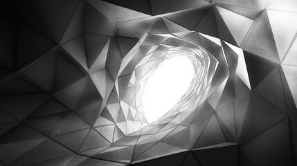 Monochrome abstract architectural structure with geometric triangular panels forming a spiraling tunnel opening to bright light