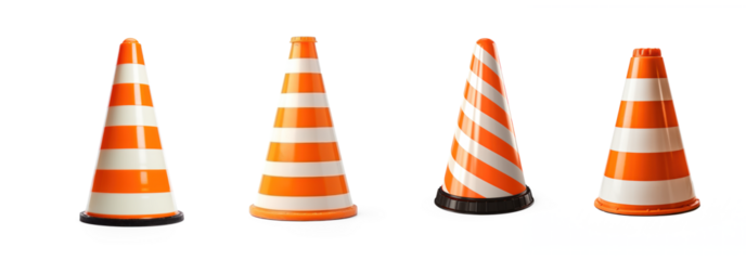 Four orange and white striped traffic cones on a transparent background