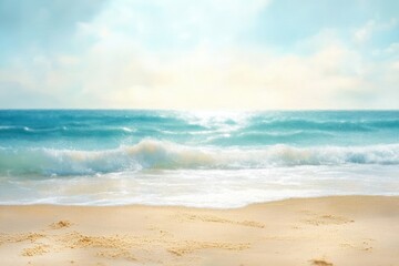 Calm ocean waves gently rolling onto a sandy beach under a soft, bright sky