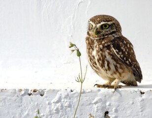 Perched Little Owl Against a Whitewashed Wall