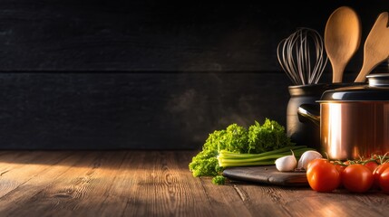 A cozy kitchen scene featuring fresh vegetables, cooking utensils, and a pot on a wooden countertop