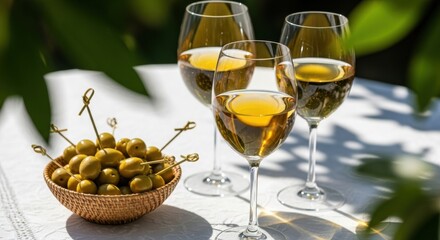 Still life of three wine glasses with white wine and a bowl of olives on a white tablecloth