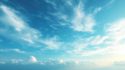 Obraz premium Bright blue sky with scattered white clouds and wispy cirrus clouds under soft sunlight