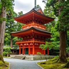 A vibrant orange pagoda in a lush forest setting