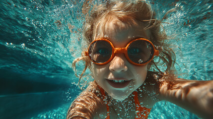joyful girl kid learning to swim and dive underwater in pool. active lifestyle and swimming lessons for child on summer vacation