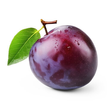 A single ripe plum with a green leaf on a transparent background