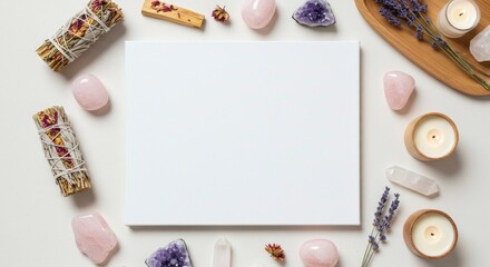 Serene Still Life: Crystals, Sage, and Lavender Frame a Blank Canvas for Wellness