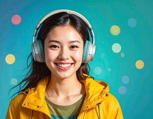 A young woman with a joyful expression wears headphones and a bright yellow jacket, set against a backdrop of teal and colorful highlights.