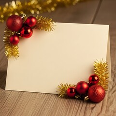Blank Christmas Greeting Card with Festive Red Ornaments on Wooden Surface
