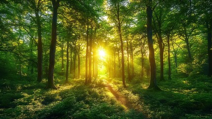 Obraz premium Sunlight streaming through tall trees in a lush green forest with a narrow dirt path, creating a peaceful and serene natural atmosphere