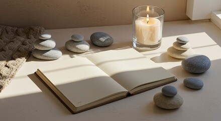 Serene Still Life: Lit Candle, Balanced Stones, Open Journal, Soft Light.
