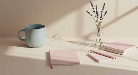 Serene Still Life: Lavender, Mug, Notebooks, and Pencil in Soft Sunlight