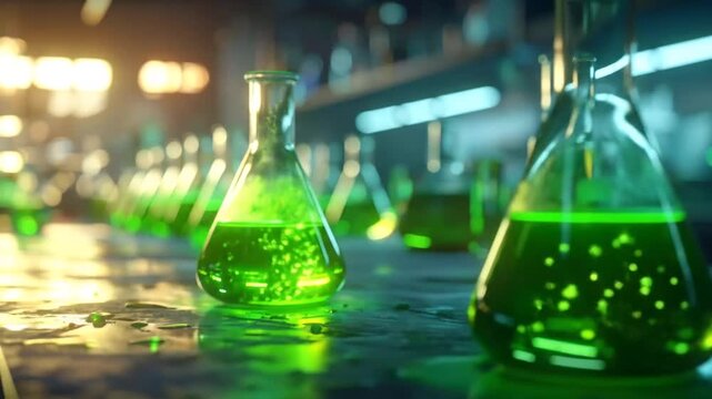 Glowing Green Liquid in Laboratory Beakers: Science Experiment