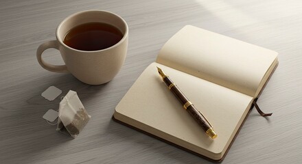 Serene Still Life: Tea, Journal, and Ornate Pen on Wooden Desk