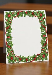 Blank greeting card with festive holly and ribbon border offering customizable space for holiday messages