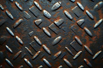 Close-up of rusty metal diamond plate with raised pattern showing weathered texture and industrial wear