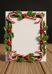 Festive Christmas frame made of candy canes and holly leaves with empty space for text