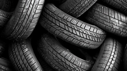 A pile of old, worn-out tires with visible tread patterns and a dark, textured surface.