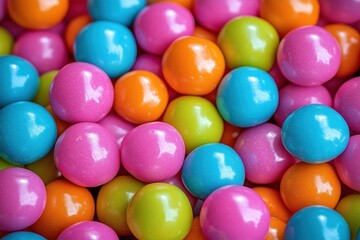 Close-up view of colorful shiny round candy balls in pink, blue, orange, and green