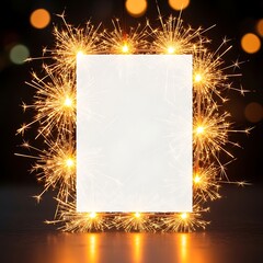 Blank white message card mock-up framed by bright burning sparklers on a festive bokeh background