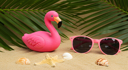 Obraz premium Pink Flamingo Toy with Sunglasses Surrounded by Seashells and Palm Leaves on Sandy Beach
