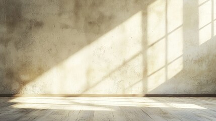 A spacious, empty room with a concrete wall and large windows casting shadows on the floor.