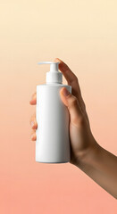 Clean Skincare Product Photography with Hand Holding Cosmetic Tubes, Jars, Droppers, Pumps, and Beauty Tools on Minimal Pastel Background