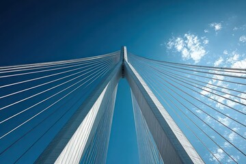 Upward perspective of a modern cable-stayed bridge with symmetrical steel cables against a clear blue sky with scattered clouds