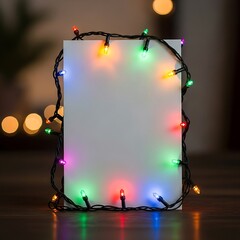 Vertical white paper mockup with a luminous garland for Christmas or New Year's greetings