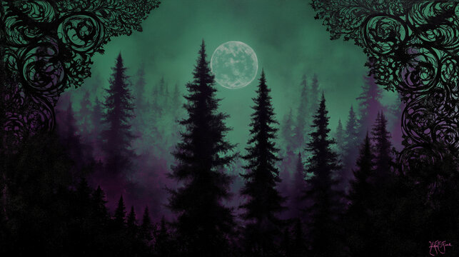Full moon rising over pine-tree silhouette in misty gothic forest, candlelight glow beneath, deep forest green and aubergine twilight