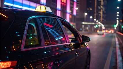 Autonomous Taxi Illustration Concept. City taxi illuminated by neon lights, parked on a bustling urban street at night.