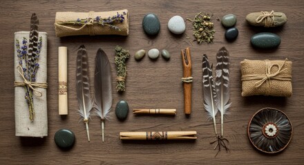 Shamanic Ritual Objects and Natural Elements on a Wooden Background