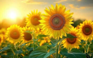 Obraz premium Bright yellow sunflowers in full bloom during golden sunset in a vast field under a partly cloudy sky
