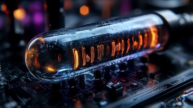 Close-up of a glowing vacuum tube on a circuit board inside a glass enclosure, highlighting vintage electronic technology.