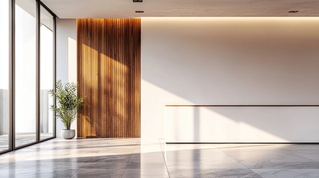 A minimalist, modern office space with a wooden panel on the wall and a large window. The room is well-lit with natural light and features a clean, contemporary design.